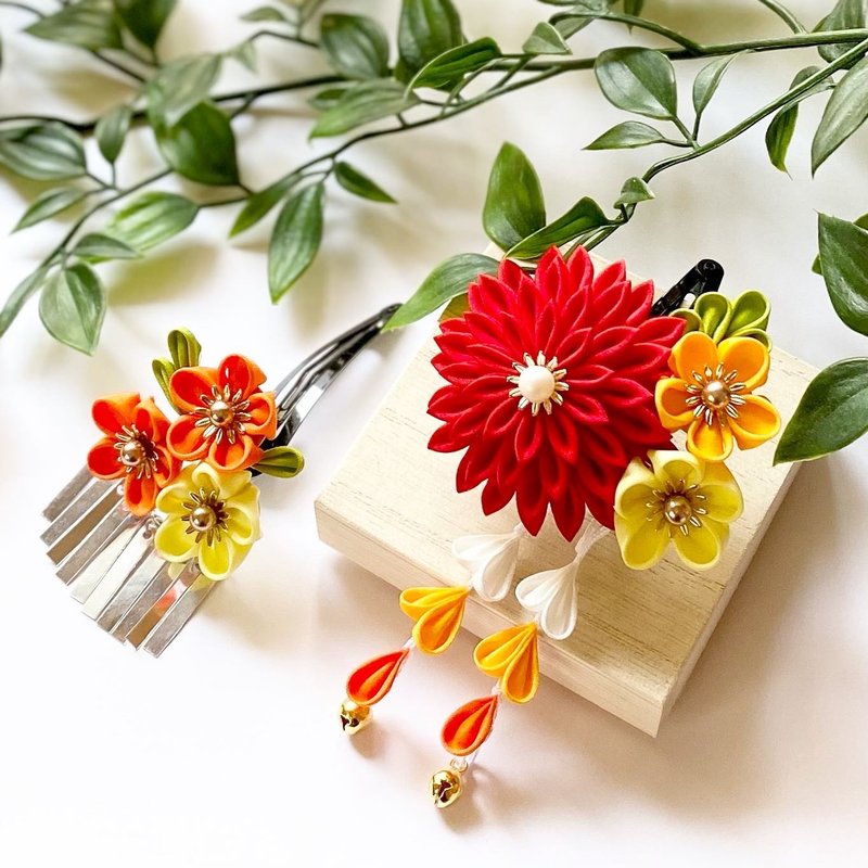 Tsumamizaiku For 3 years old red x mandarin orange color kanzashi yukata graduation ceremony graduation ceremony entrance ceremony entrance ceremony kimono - 发饰 - 丝．绢 红色