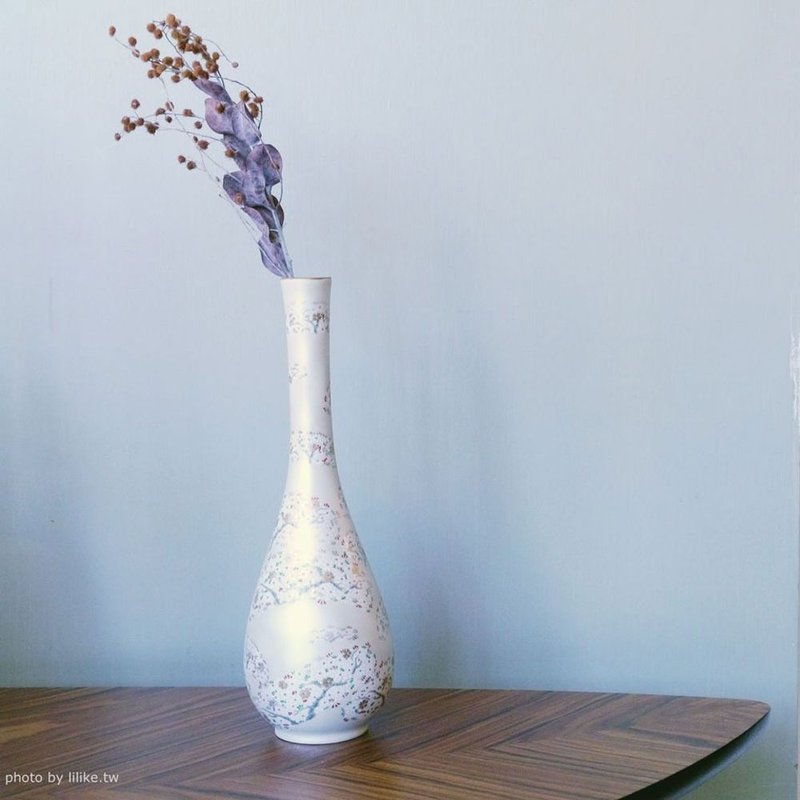 波佐见烧灶师窑烫金樱花鹤首陶花瓶 - 花瓶/陶器 - 陶 白色