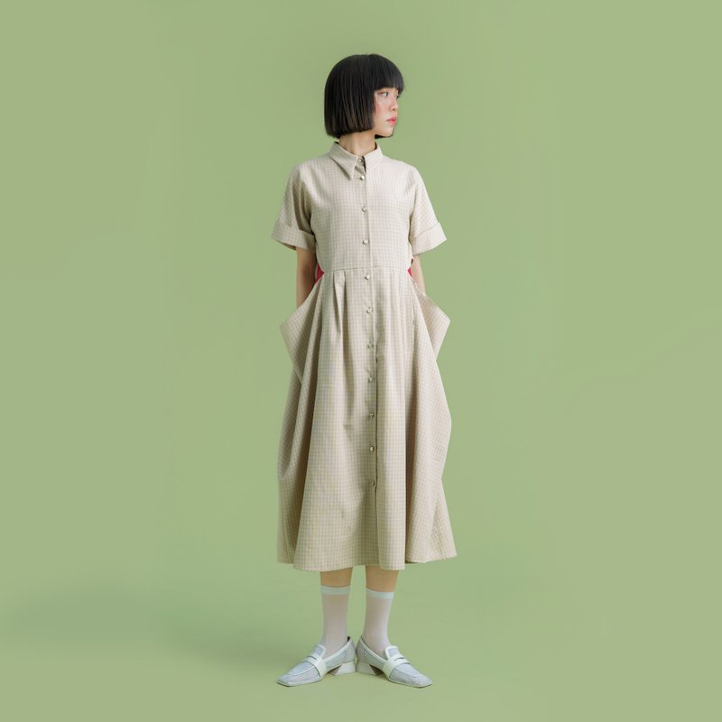 tan-tan / 驼色垂坠洋装 - 洋装/连衣裙 - 棉．麻 卡其色