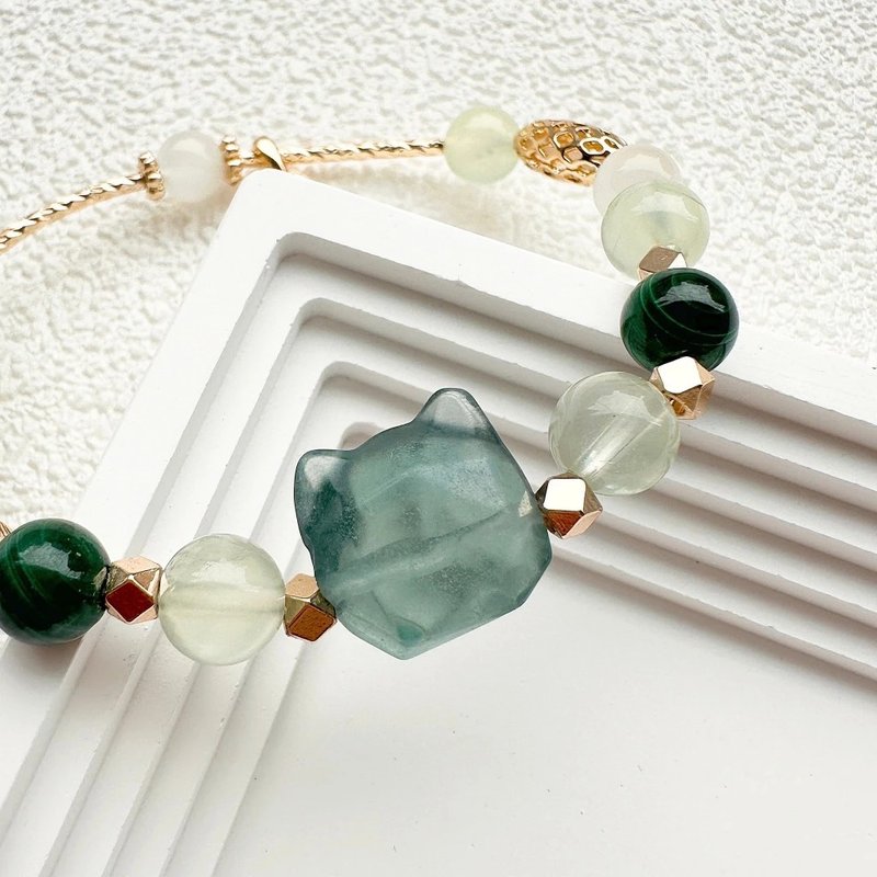 绿萤石猫猫手串 萤石手串 孔雀石 天然石手串 设计手串 葡萄石 - 手链/手环 - 半宝石 绿色