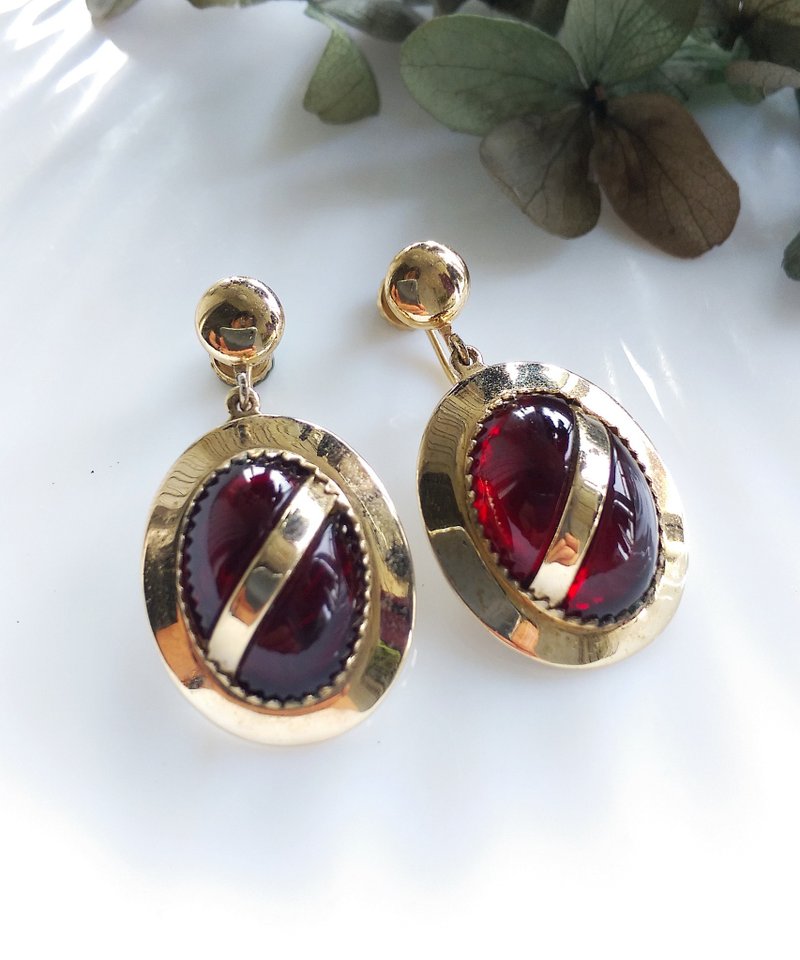 Vintage Jewelry 西洋古董饰品 垂坠 红酒 红色调 栓式耳环 - 耳环/耳夹 - 其他金属 金色