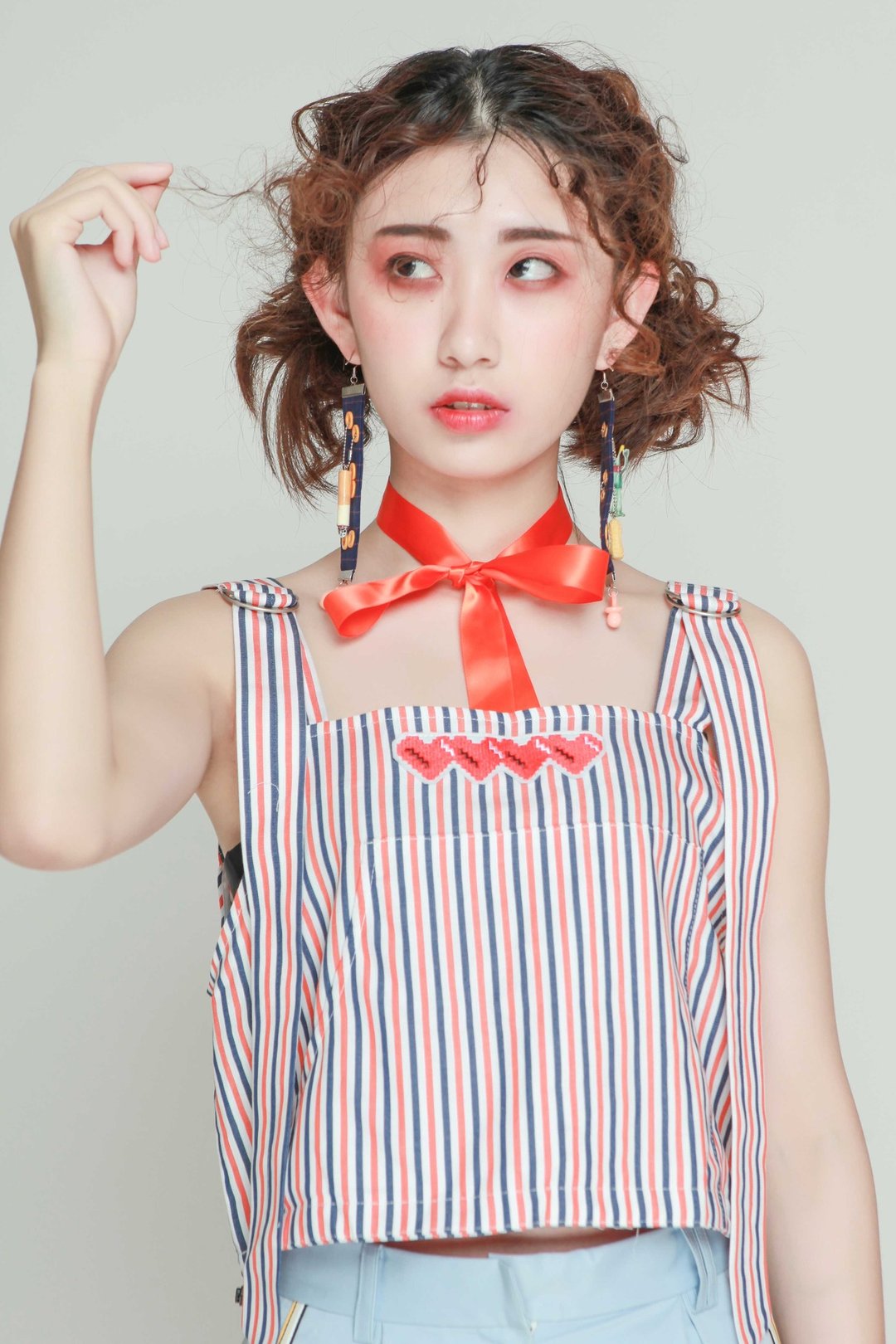 夏 可调节背带刺绣腰部抽绳纯棉条纹短吊带背心 - 女装背心 - 棉 多色