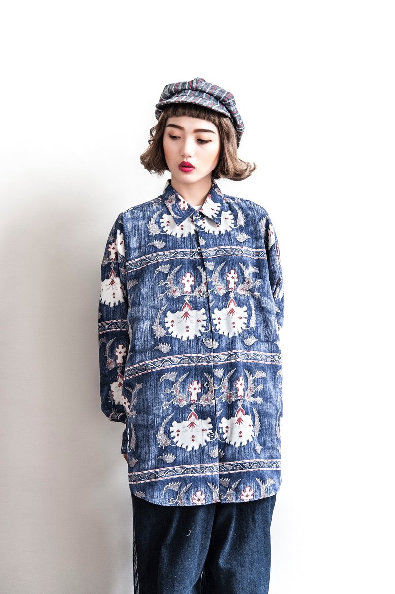 Vintage 色铅笔感花鸟古着中性衬衫 - 男装衬衫 - 聚酯纤维 蓝色