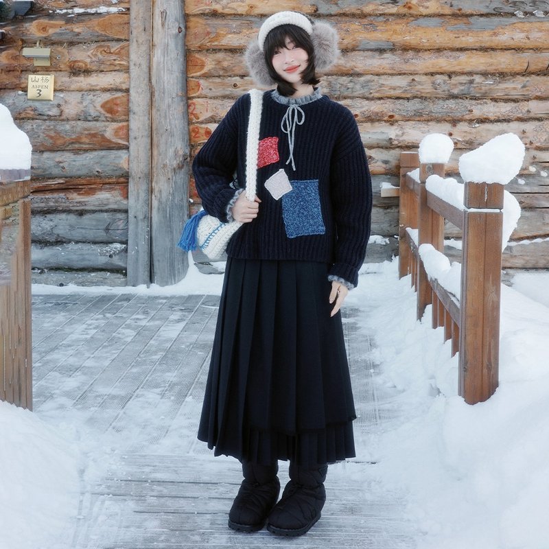 不对称压褶半裙|裙子|冬款|Sora-2020 - 裙子 - 羊毛 黑色