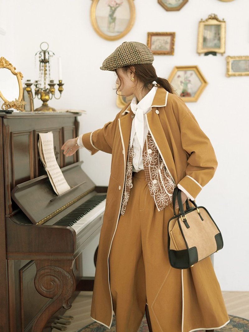 薑黃色 法式複古女作家風衣 日系雙排扣翻領包邊系帶長款通勤外套 - 女装休闲/机能外套 - 棉．麻 黄色