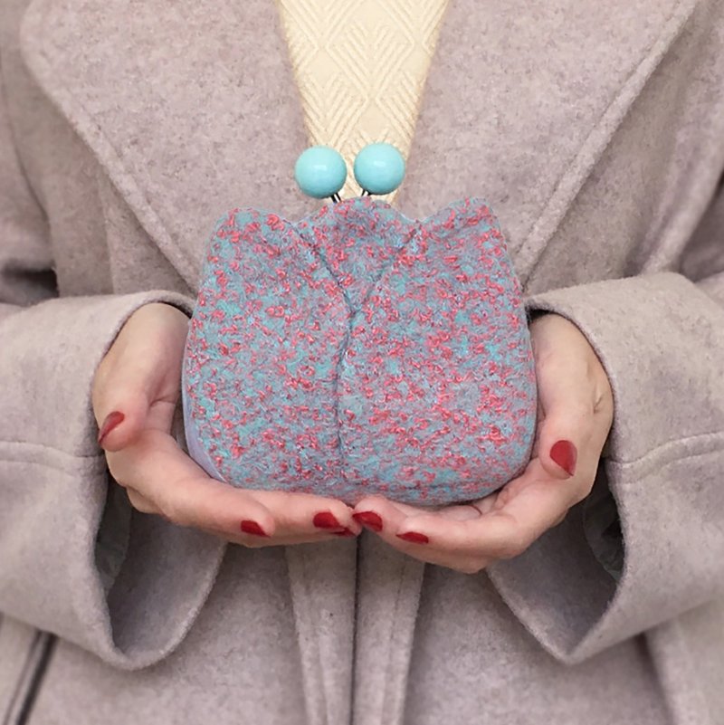 鬱金香 短款钱包 皮夹 口金包 小废包 银包 天空蓝 - 皮夹/钱包 - 羊毛 蓝色