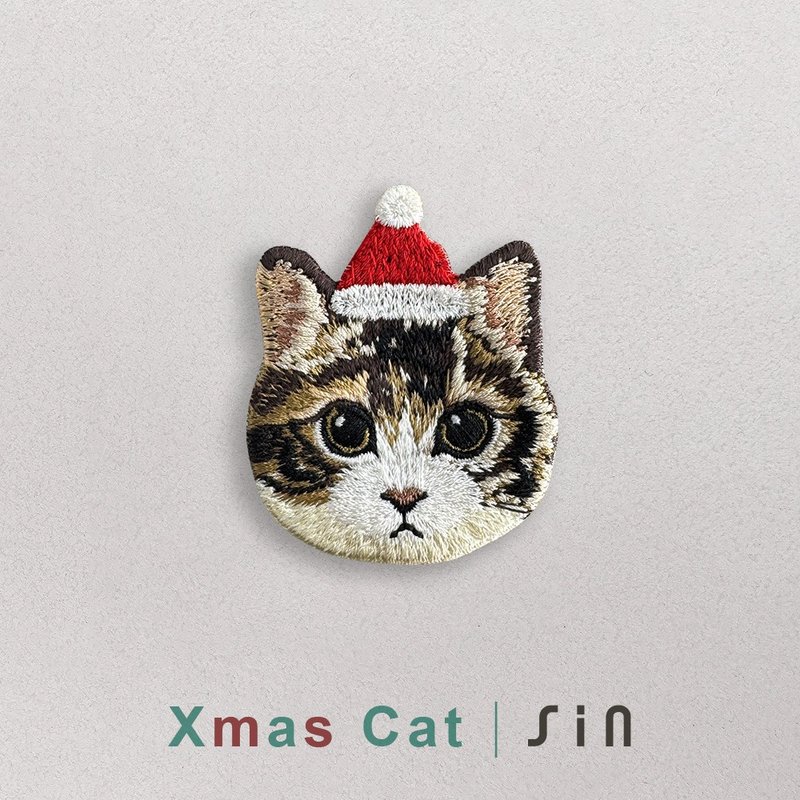 单卡圣诞小猫-刺绣贴纸-三花米克斯猫猫(XHC0006) - 贴纸 - 绣线 红色