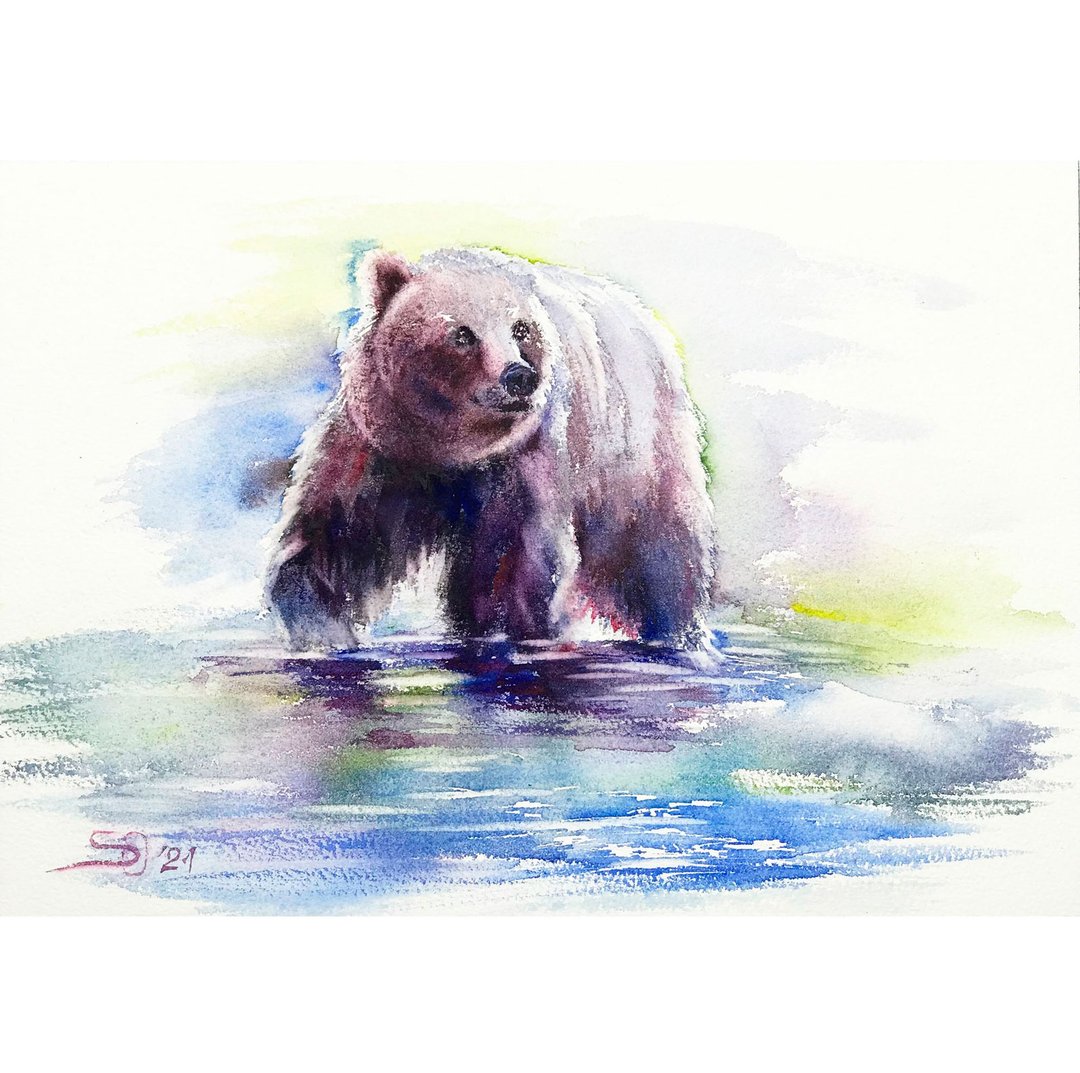 Bear Painting Animal Original Art Black Bear Wall Art Grizzly California Artwork - 海报/装饰画/版画 - 纸 多色