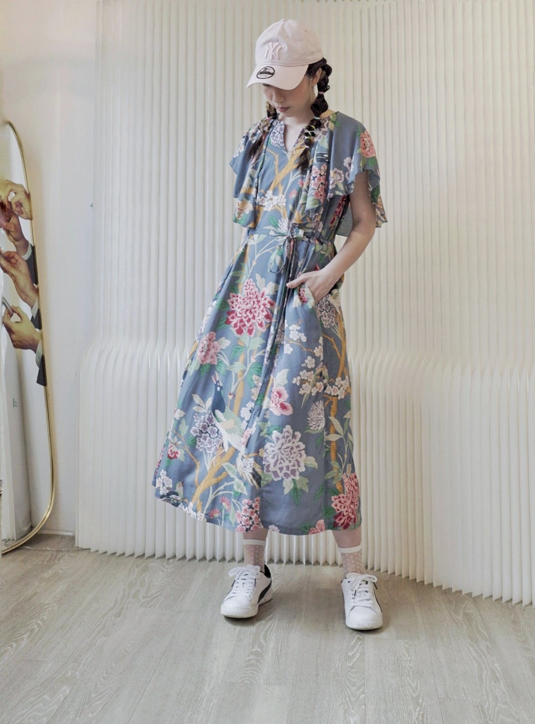 复古丝棉印花披肩袖长洋装 - 洋装/连衣裙 - 棉 