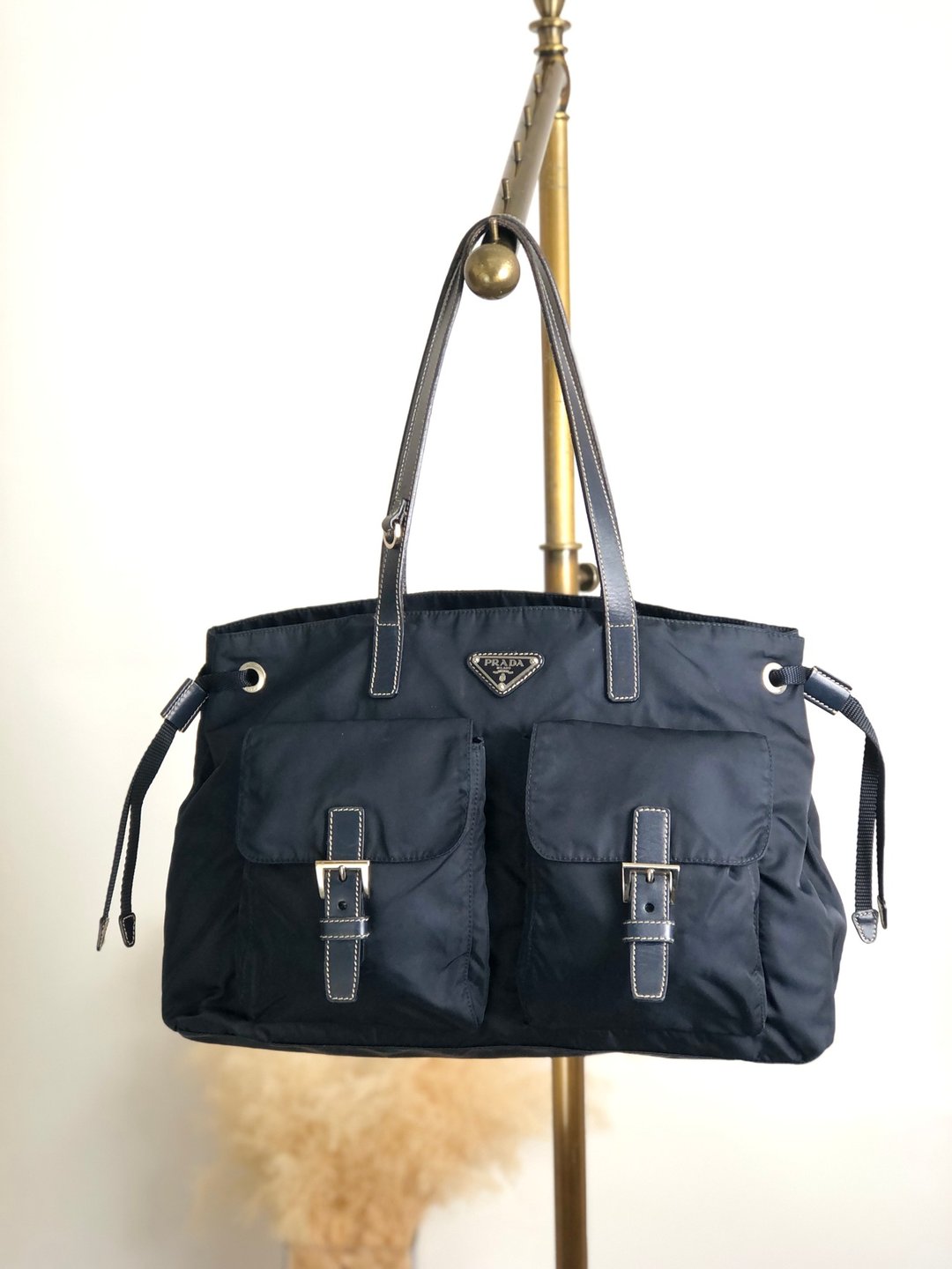【日本直送 名牌中古包】PRADA 普拉达 托特包 海军蓝 三角 Logo 尼龙 双口袋 vintage 古董 8ka5ea - 手提包/手提袋 - 尼龙 蓝色