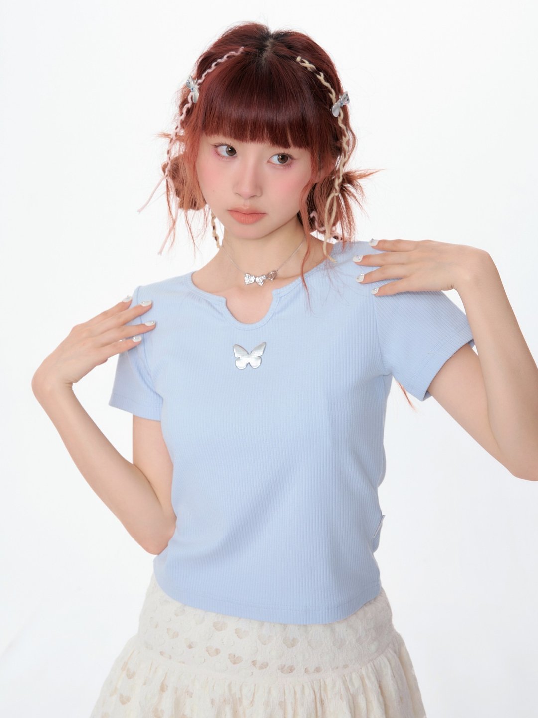 ziziFei夏美式复古半袖修身显瘦短款上衣正肩小u领蝴蝶短袖T恤女 - 女装 T 恤 - 其他材质 