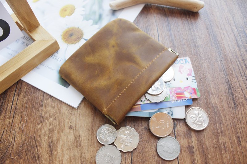 疯马皮 收纳小包 女 便携 化妆包 牛皮小号袋子【封口弹回】112 - 皮夹/钱包 - 真皮 灰色