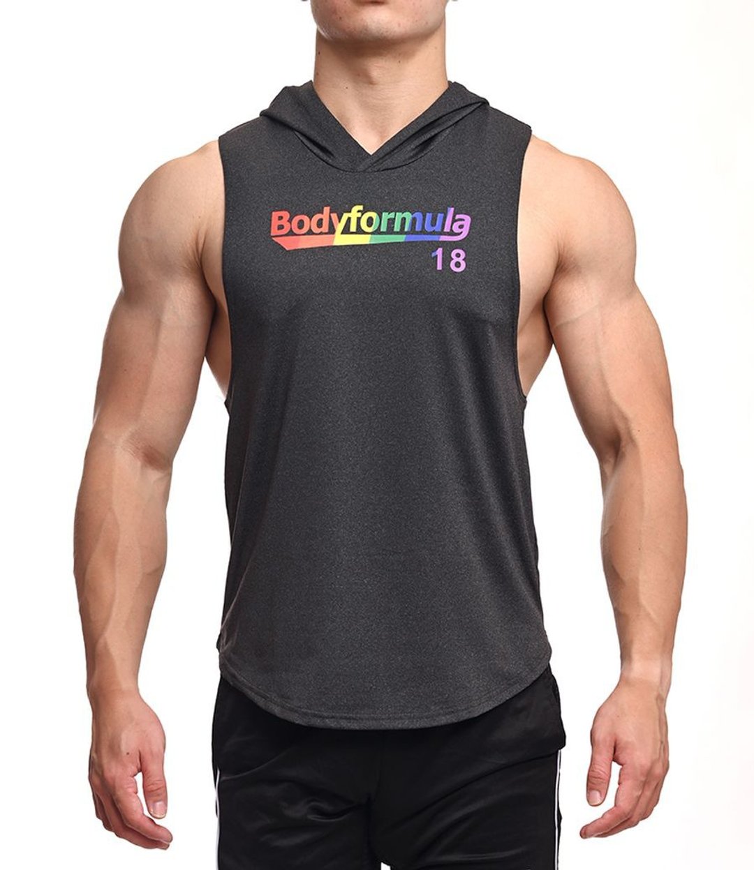 【彩虹限定】Actiflex超弹透气-Proud Forever下弧连帽背心-麻黑 - 男装背心 - 聚酯纤维 黑色