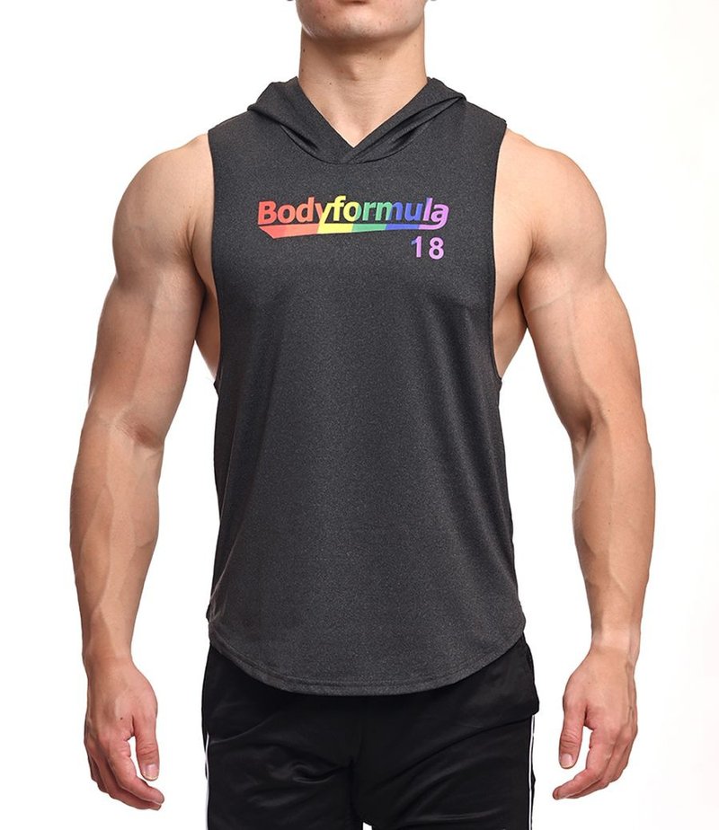 【彩虹限定】Actiflex超弹透气-Proud Forever下弧连帽背心-麻黑 - 男装背心 - 聚酯纤维 黑色