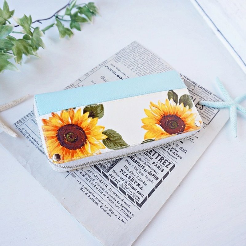 Blue sky sunflower round zipper long wallet 【light blue】 - 皮夹/钱包 - 防水材质 白色