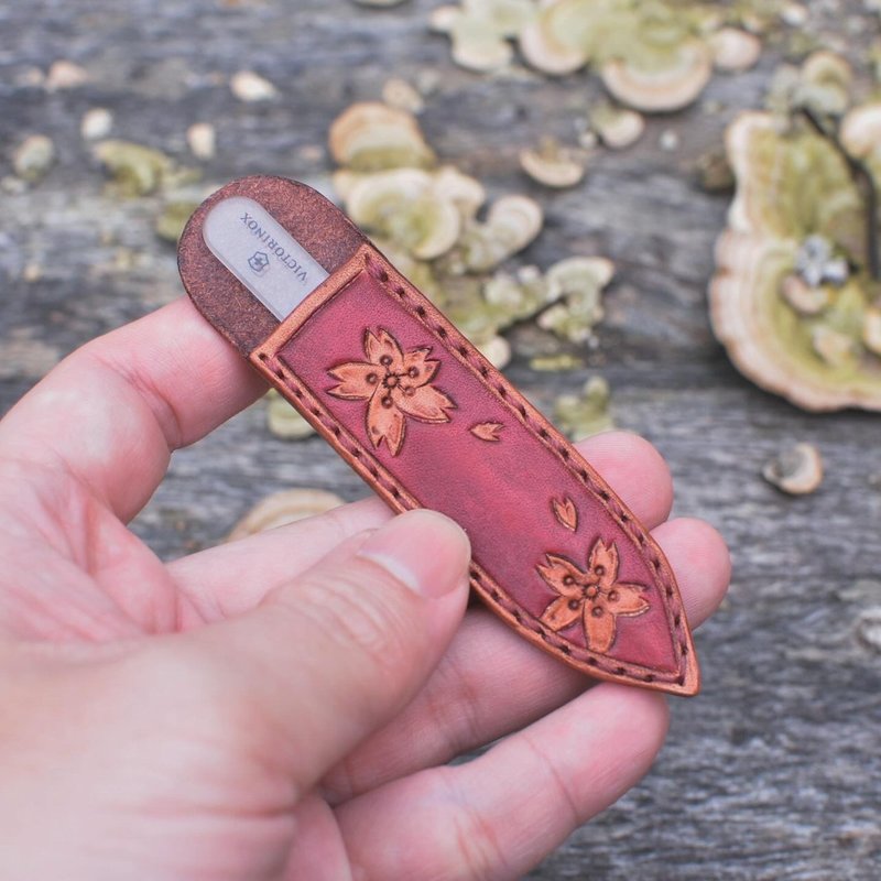 【手工制】樱花皮雕手工皮套 (未附指甲锉刀) - 皮件 - 真皮 橘色