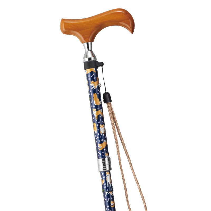 可爱狗狗图案 折叠铝制手杖・深蓝色 75-85cm 纤细颈部 木质握把 挂绳 收纳套 - 其他 - 铝合金 蓝色