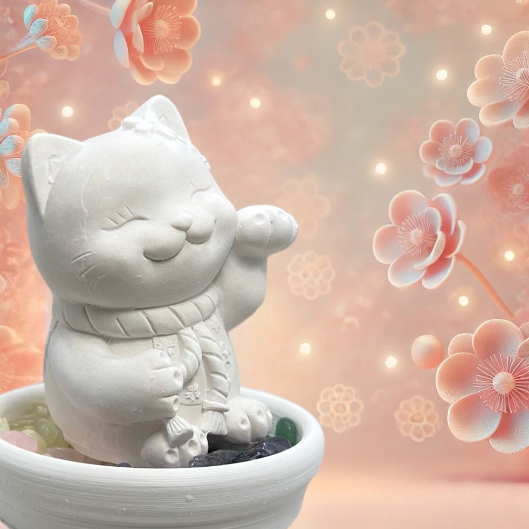 开运 五行水晶矿石扩香之花耳招财猫小盘套组 水晶招财 好运到 - 香薰/精油/线香 - 水泥 白色