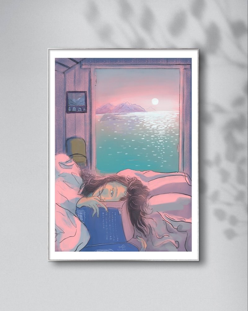 A4 艺术微喷: 湖边小屋里的阅读者 原创插画装饰挂画 - 海报/装饰画/版画 - 纸 粉红色