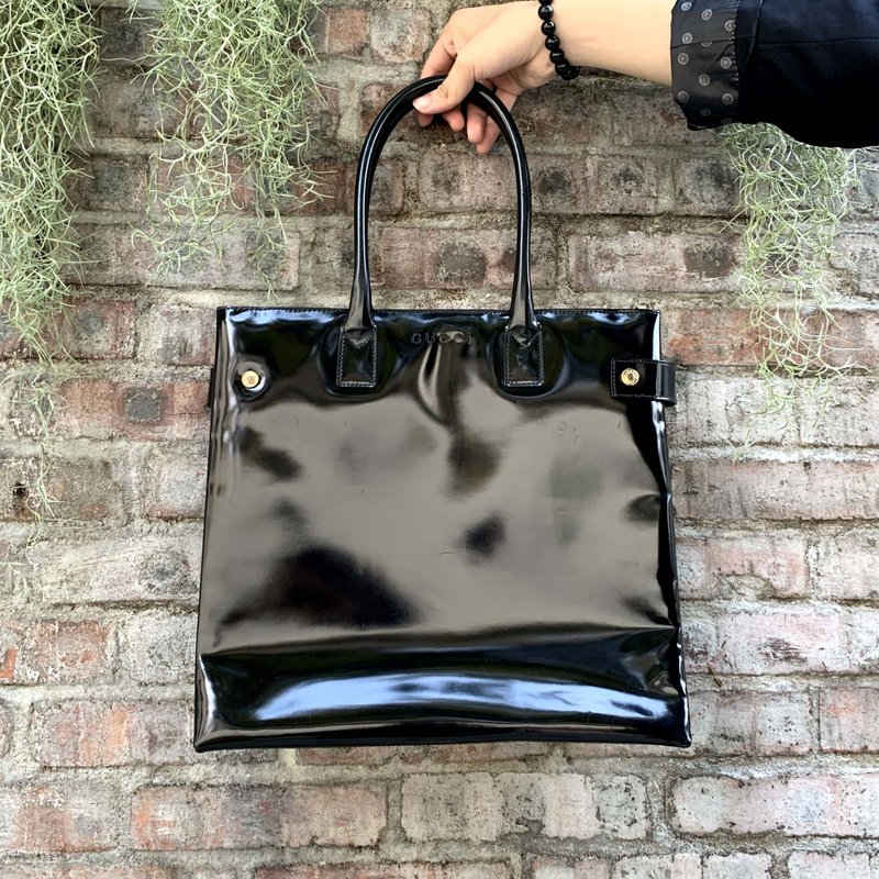 意大利GUCCI中古黑色漆皮方型大手袋包包 高级二手古着珠宝首饰 - 手提包/手提袋 - 人造皮革 黑色