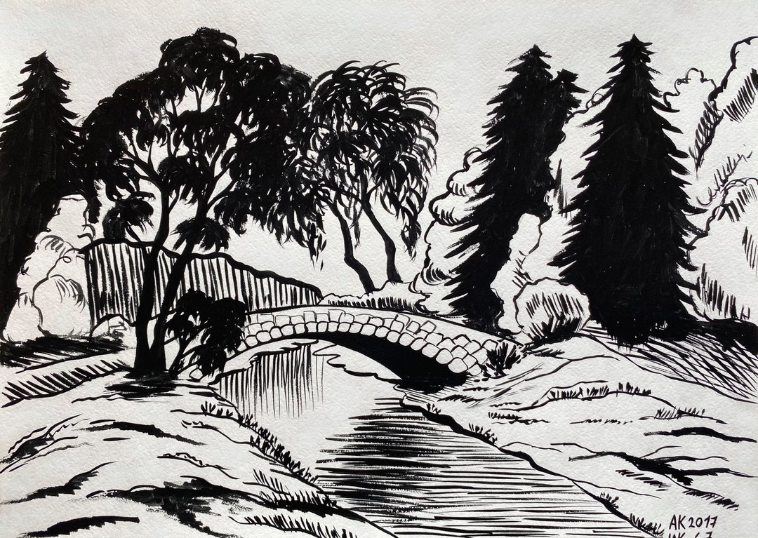 森林水墨画、花园、家居设计、风景、自然艺术品、河流 - 墙贴/壁贴 - 其他材质 黑色