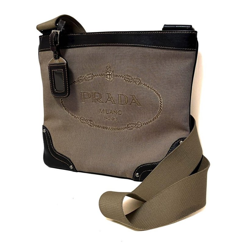 正品 PRADA 普拉达 贾卡缇 Logo 侧肩包 帆布 米色 棕色 二手 - 侧背包/斜挎包 - 其他材质 