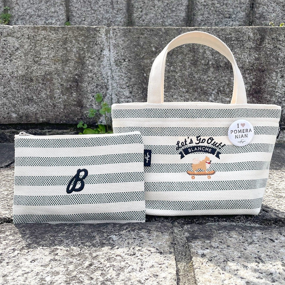 Personalized Pomeranian Takeyari Canvas Mini Tote Bag & Pouch Set - 手提包/手提袋 - 棉 白色