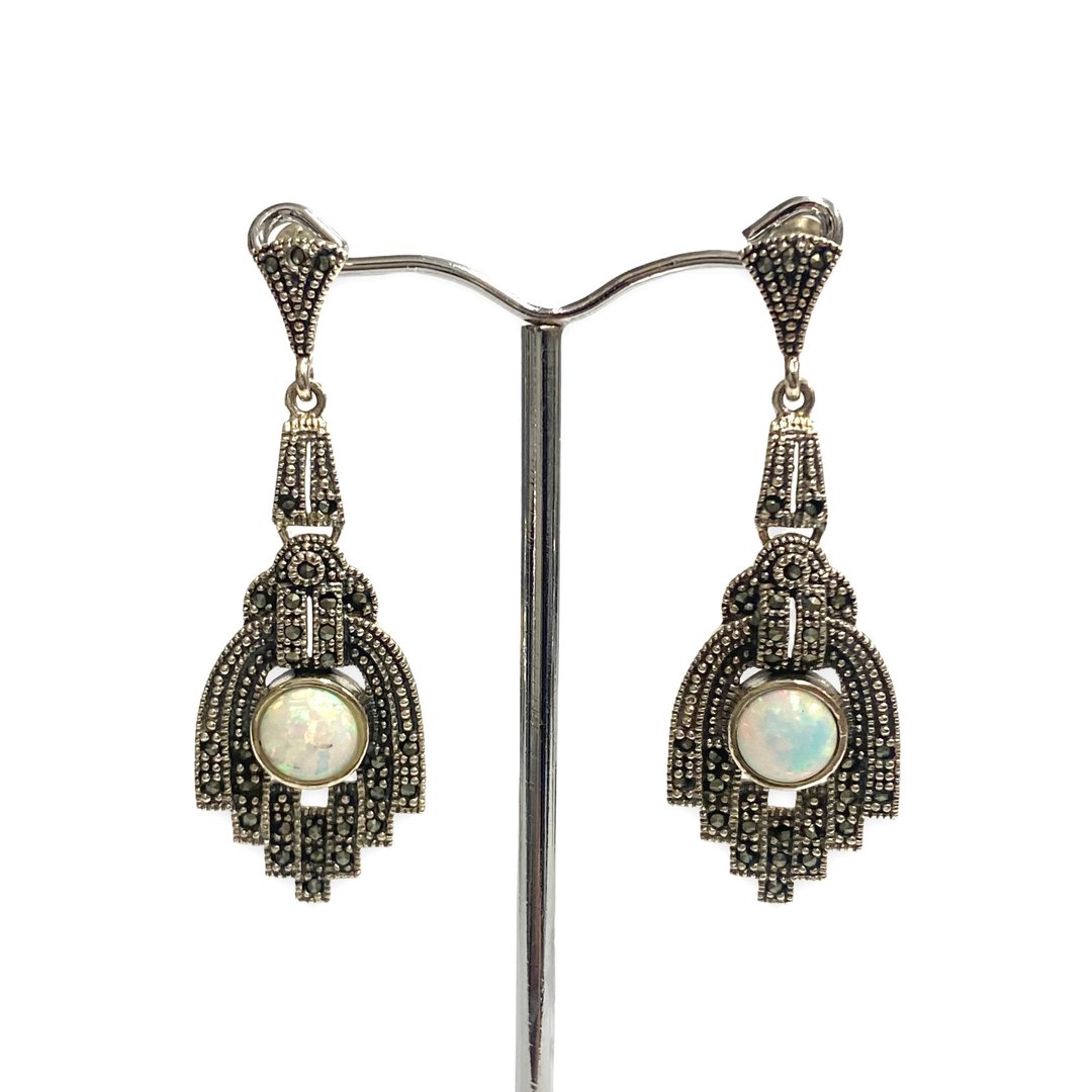 Victorian Style Large Gilson Opal Set Pendant and Earrings 925 Sterling Silver - 耳环/耳夹 - 纯银 银色