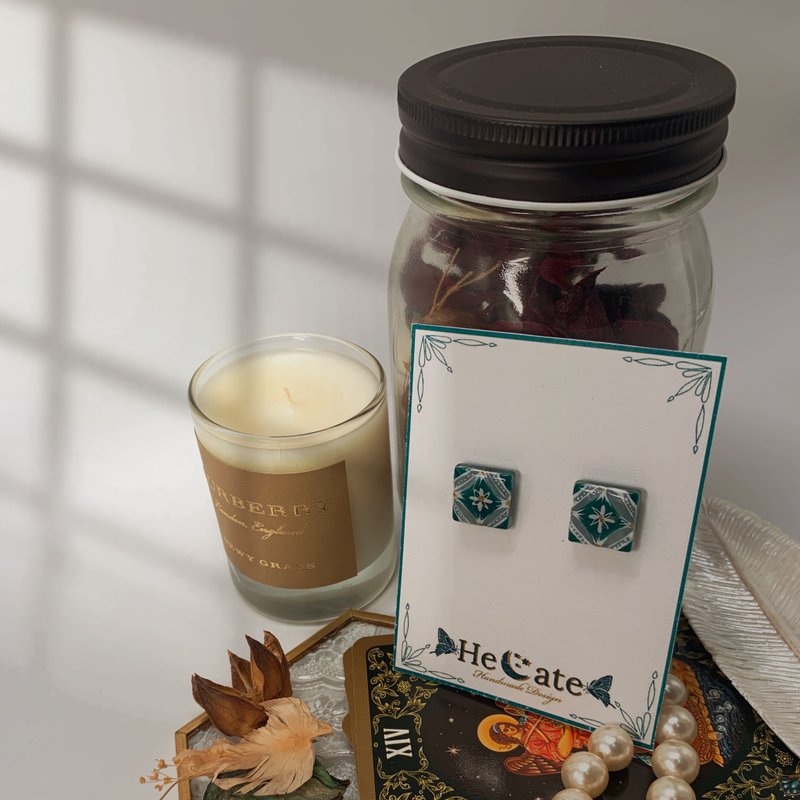 手绘饰品-花砖系列-翡翠山林-复古文青手作耳钉耳夹耳环 - 耳环/耳夹 - 其他材质 绿色