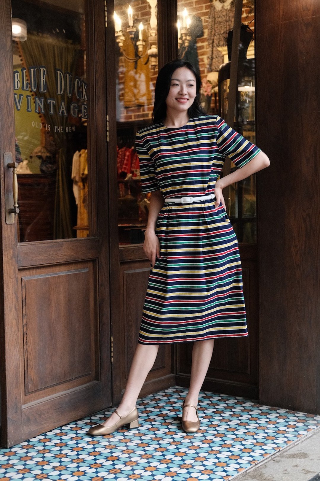 Vintage dress美国制趣味撞色彩色条纹连衣裙古着 - 洋装/连衣裙 - 棉．麻 