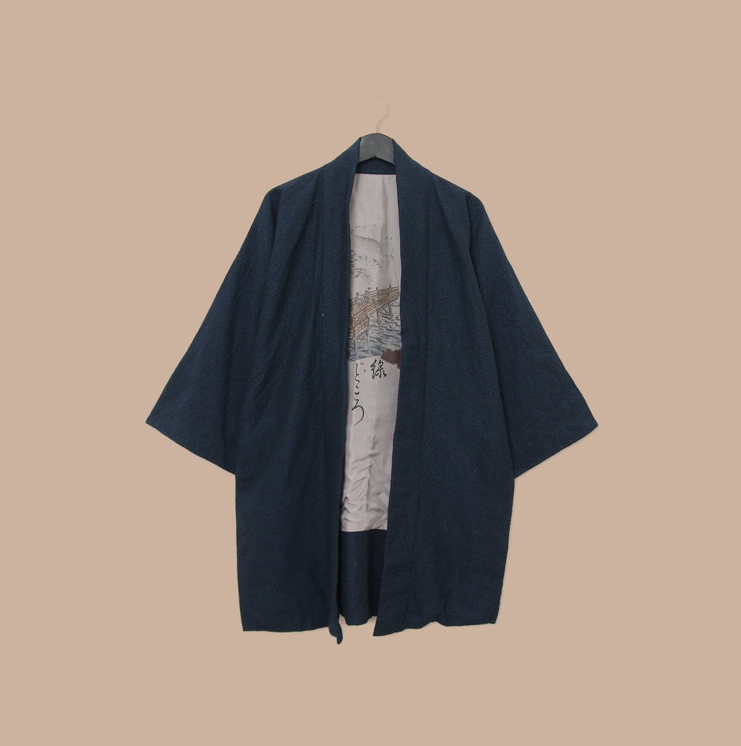 Back to Green-日本带回羽织 木桥河川 嫁妆 M-35/vintage kimono - 女装休闲/机能外套 - 丝．绢 