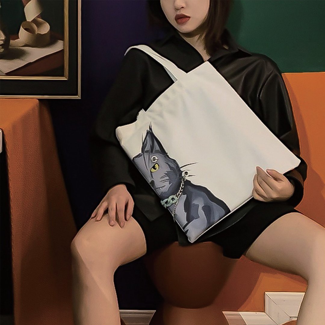猫咪双面插画帆布包白色-英国短毛猫 - 手提包/手提袋 - 聚酯纤维 白色