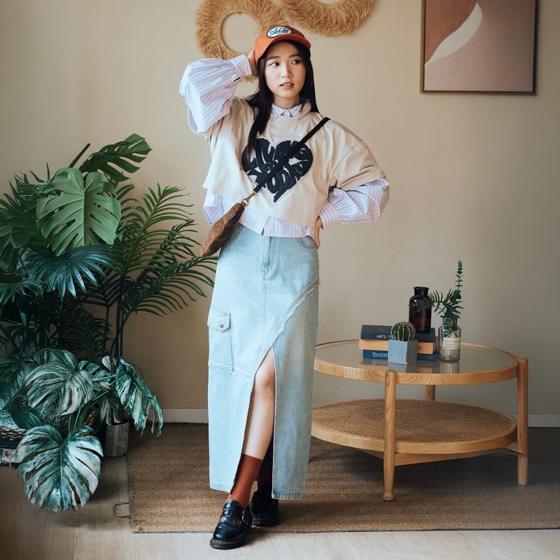 【ad-lib women】洗水牛仔开衩长裙 - 蓝色//黑色 (DS026) - 裙子 - 棉．麻 蓝色