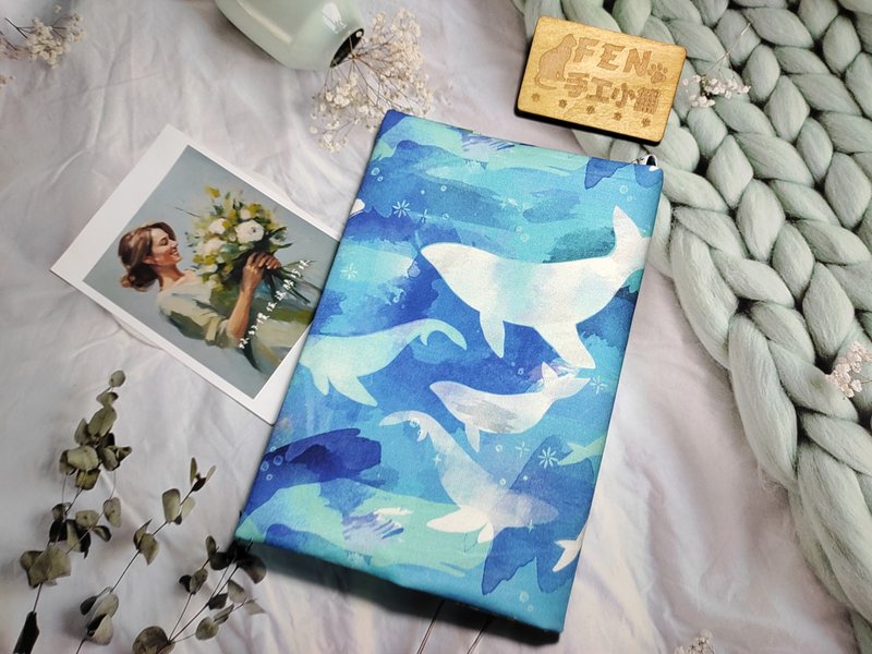 海洋系列-韩国布料蓝海花纹鲸鱼布书套-布书衣可适用A5-25K手册 - 书衣/书套 - 棉．麻 