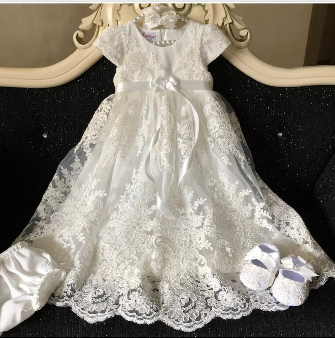 White lace dress with headband, panties and shoes for baby girl. Baptism outfit - 童装礼服/连衣裙 - 其他材质 白色