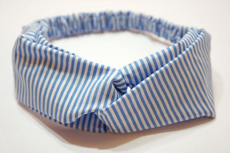 蓝色细横条 / 手工松紧发带 - 发饰 - 棉．麻 蓝色