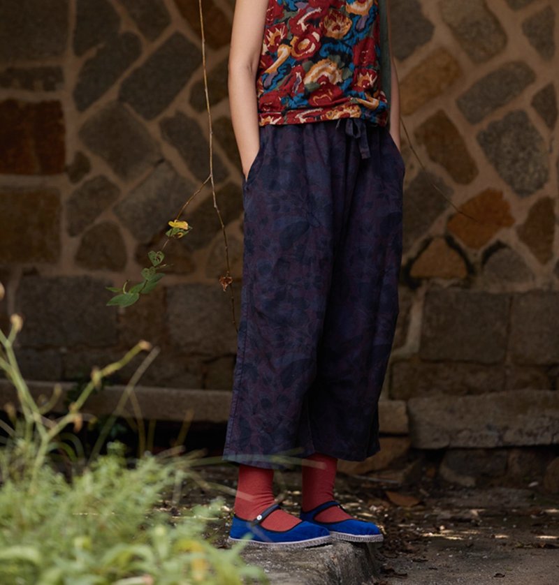 复古文青 松紧腰阔腿裤 棉麻寬裤 - 女装长裤 - 其他材质 紫色