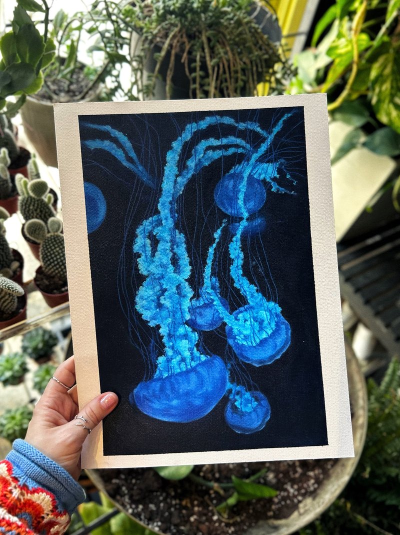 发光水母油画，原创艺术品水下海洋艺术墙饰 - 墙贴/壁贴 - 纸 蓝色