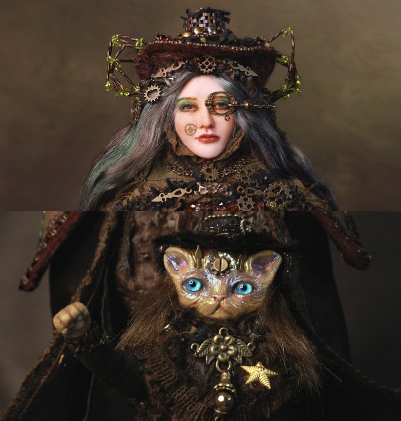 Handmade Interior Steampunk Art Doll Anna & her Cat Barsik Fantasy OOAK doll - 摆饰 - 粘土 多色