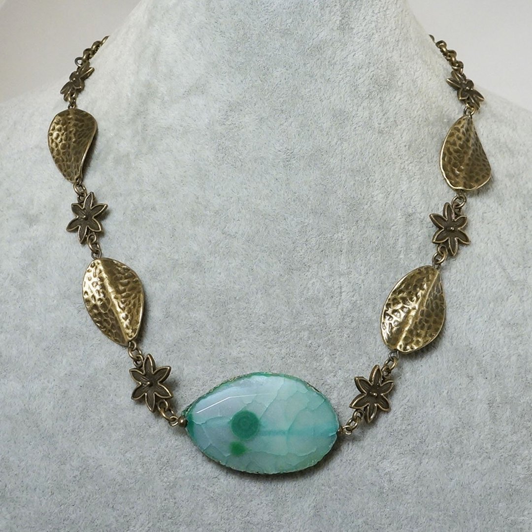 Green Agate Slice Necklace Agate Slab Stone Flower Floral Boho Necklace Jewelry - 项链 - 半宝石 绿色