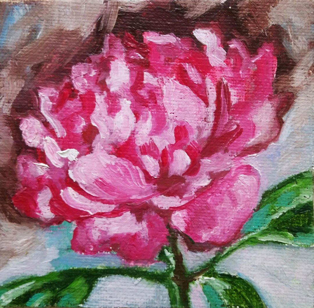 Pink Peony Painting, Floral Original Art, Small Flower Wall Art, Oil Artwork - 海报/装饰画/版画 - 其他材质 多色