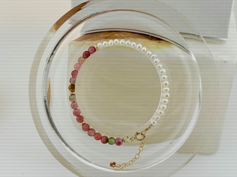 天然淡水珍珠天然碧玺14KGF能量手链 独立原创设计 新年 情人节 - 手链/手环 - 珍珠 