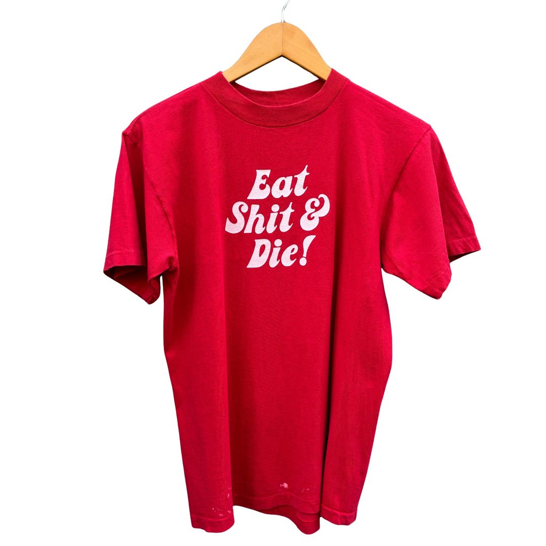 复古 70 年代 Eat Shit and Die T 恤 Anvil Black Tag 单针织 美国制造 L - 男装上衣/T 恤 - 棉 红色