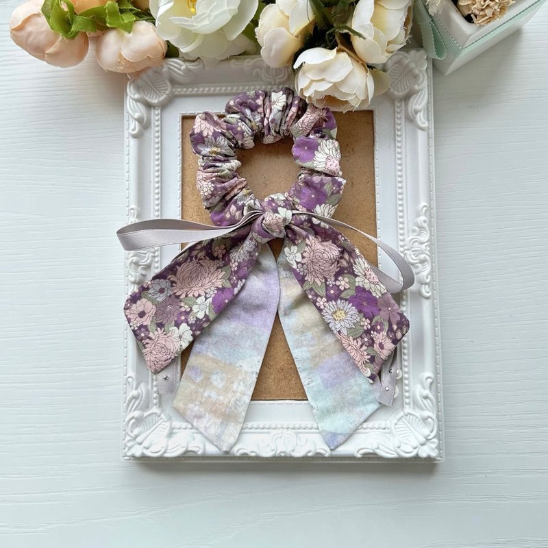 棉布长尾蝴蝶结发圈大肠圈发饰-日式紫灰色 - 发饰 - 其他材质 紫色