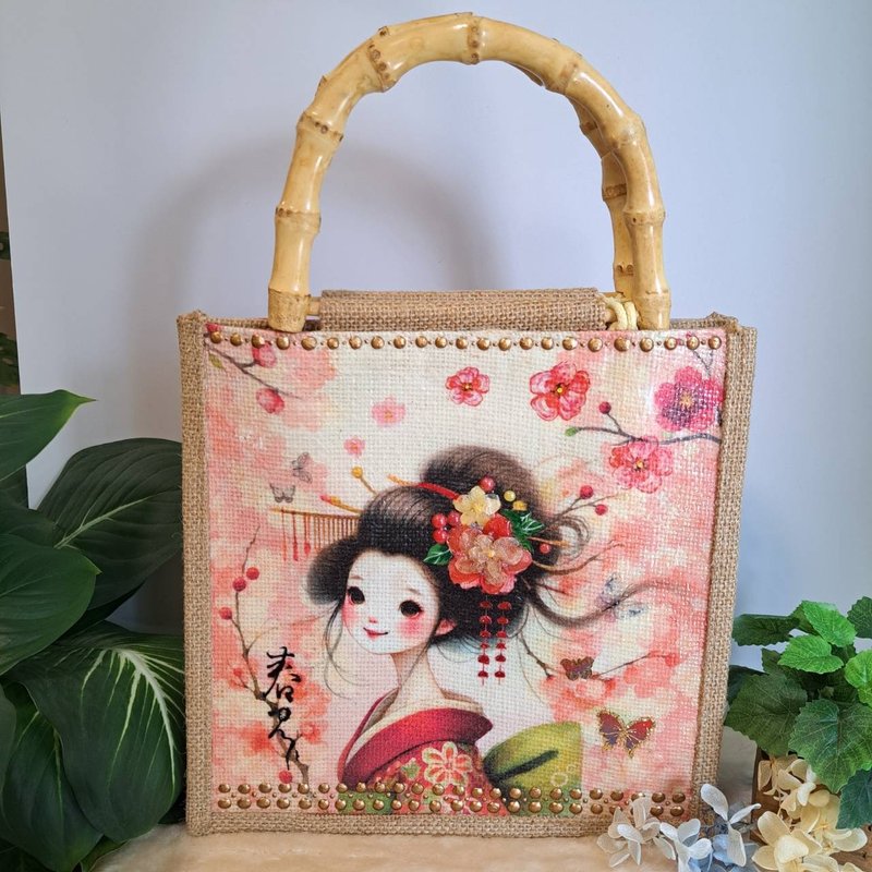 花见和风 竹节提把麻布小提袋【附丝巾】 - 手提包/手提袋 - 棉．麻 
