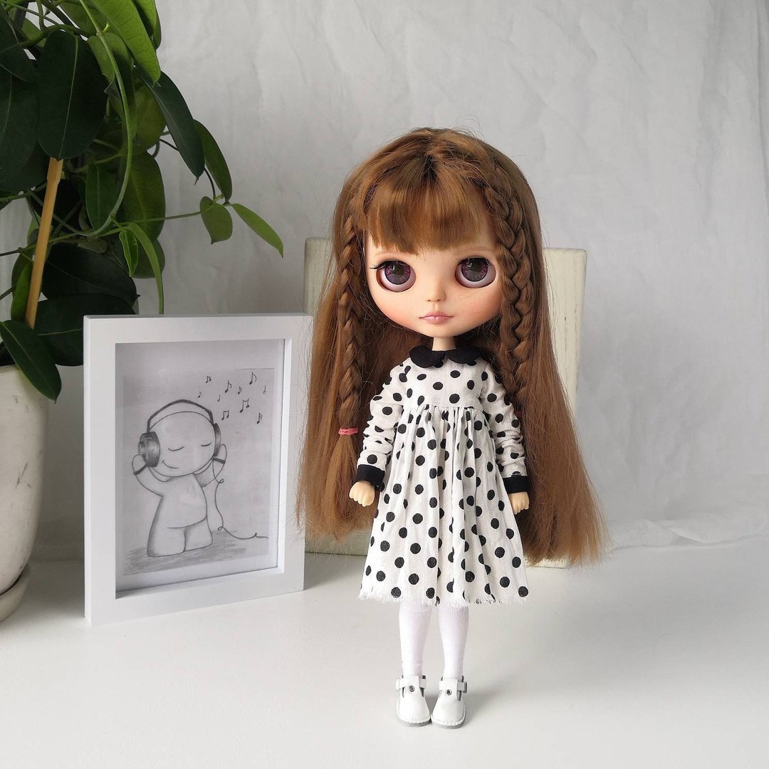 White dress with black polka dots Blythe doll. Clothes for Blythe doll. - 玩偶/公仔 - 棉 