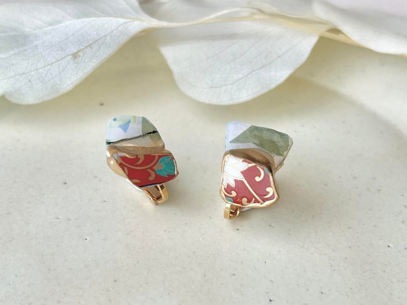 有田烧 金继 螺旋耳夹式耳环 花纹 叶纹 彩绘玻璃 传统工艺 No.195 - 耳环/耳夹 - 陶 红色