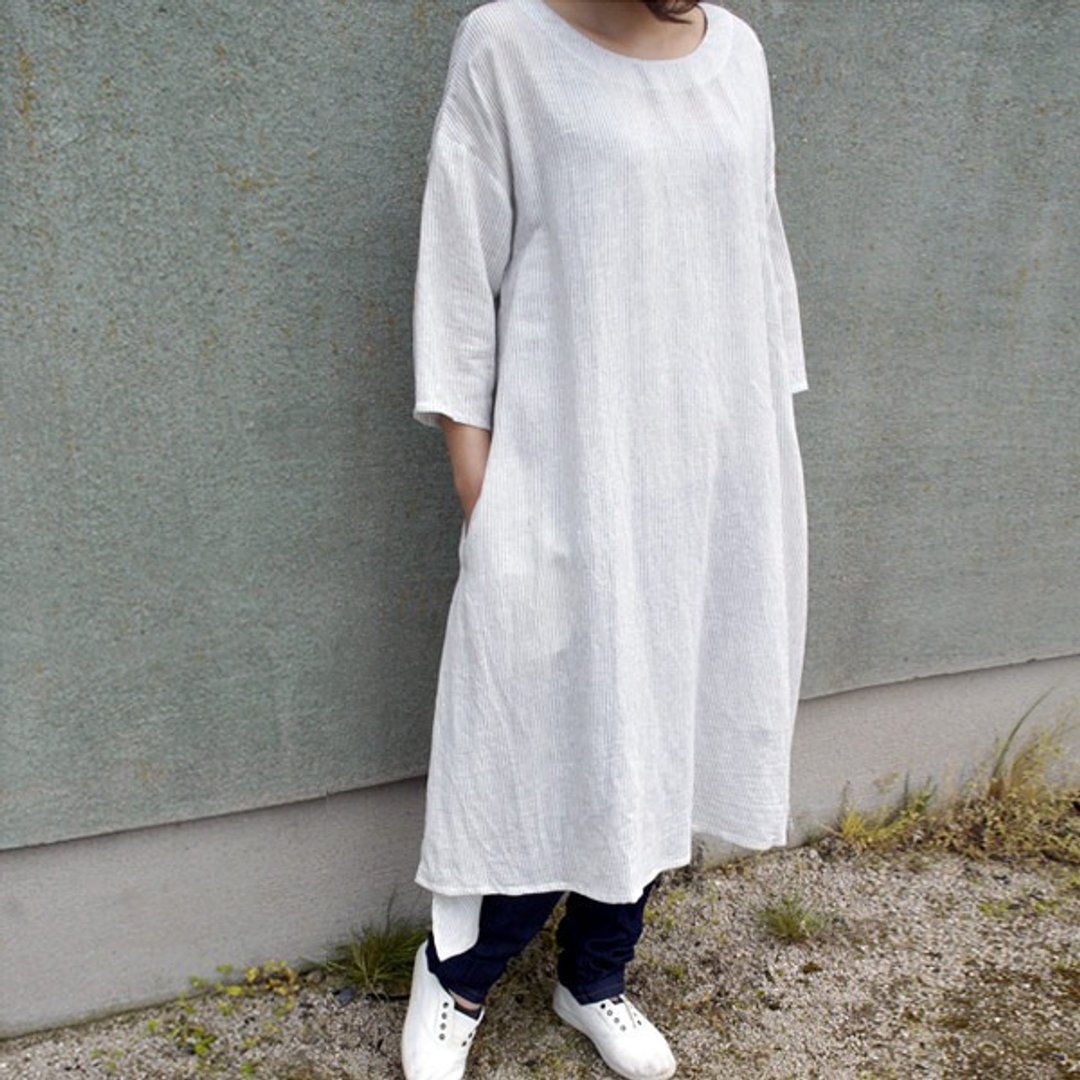 Linen cotton pin striped crew neck three-quarter sleeve dress * white * 38sizeONLY - 洋装/连衣裙 - 棉 白色