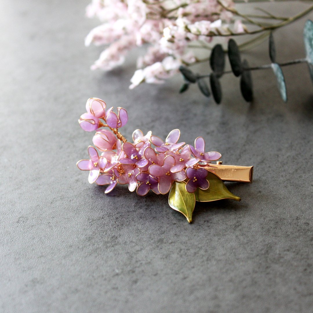 【紫丁香花发夹】丁香小花朵与花苞发夹 手工铜线树脂  发饰/发夹 - 发饰 - 树脂 紫色