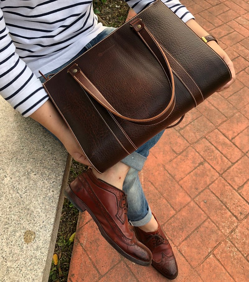 公事 手提托特包 - 手提包/手提袋 - 真皮 咖啡色